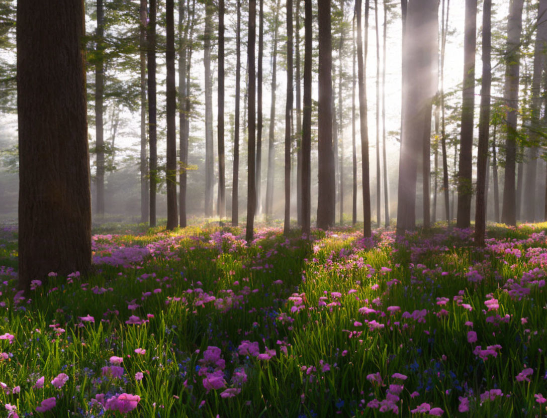 Misty forest with tall trees and purple wildflowers under sunlight