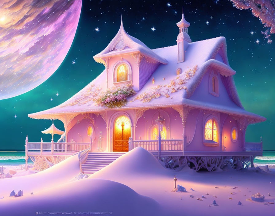 Pastel-Colored House in Snowy Landscape with Starry Sky and Giant Moon