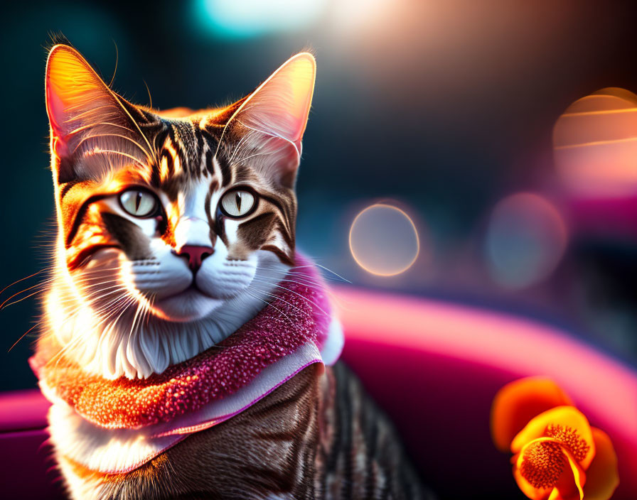 Tabby Cat in Pink Scarf Against Warm Bokeh Lights