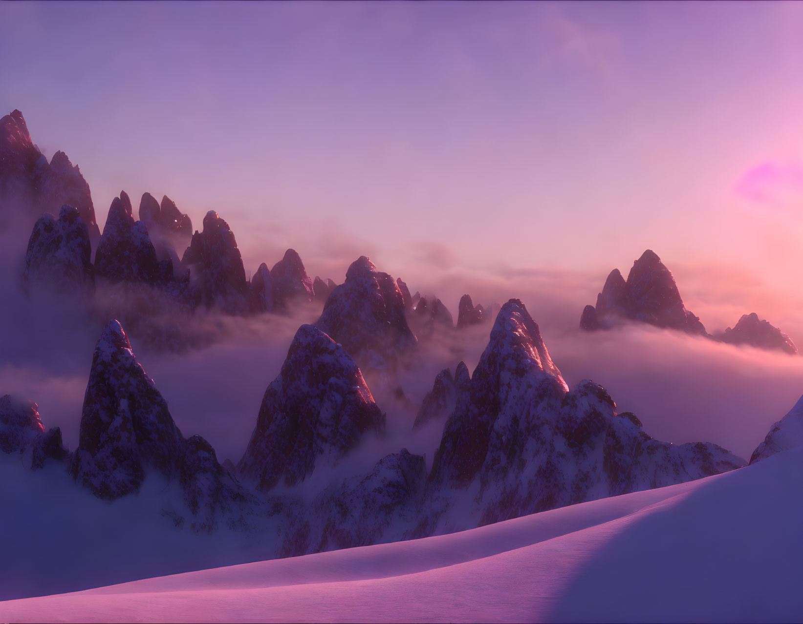 Majestic snow-capped mountains under purple sunset sky