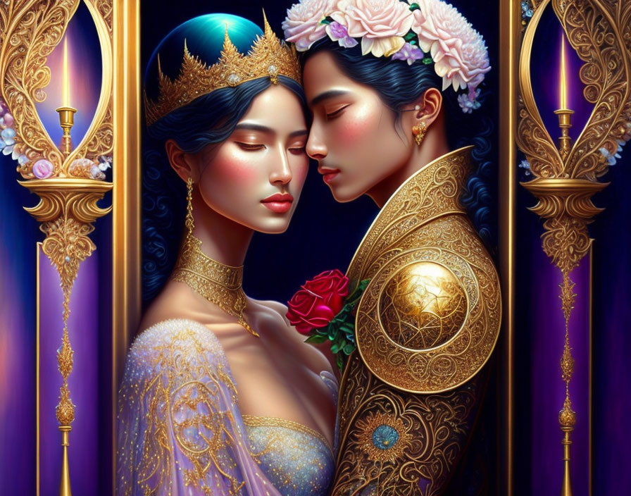 Digital illustration: Royal figures with crowns and rose, mirror reflection, luxurious decor