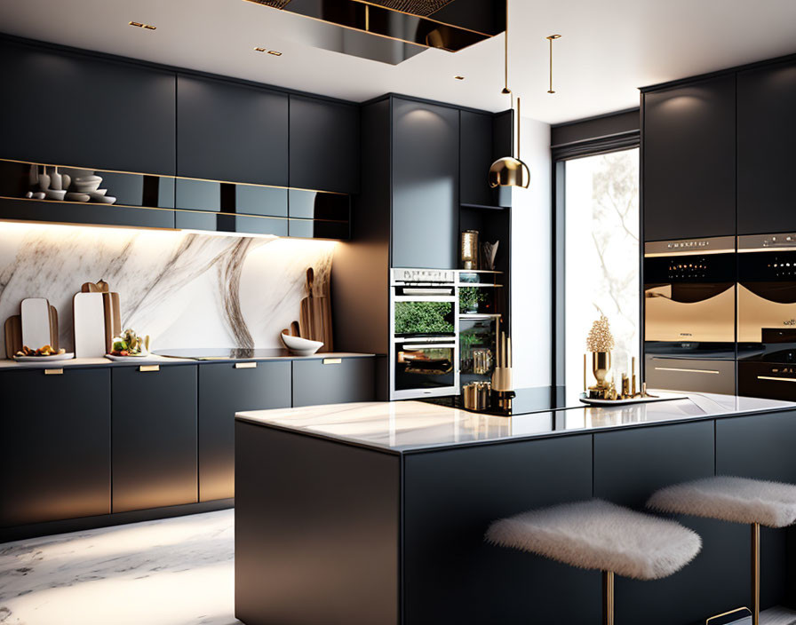 Luxurious Modern Kitchen with Dark Cabinetry, Marble Backsplash, Gold Accents, High-End