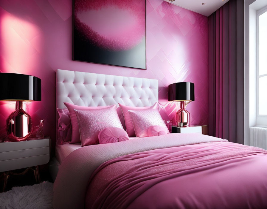 Modern Bedroom with Pink Tones and Geometric Wall Art