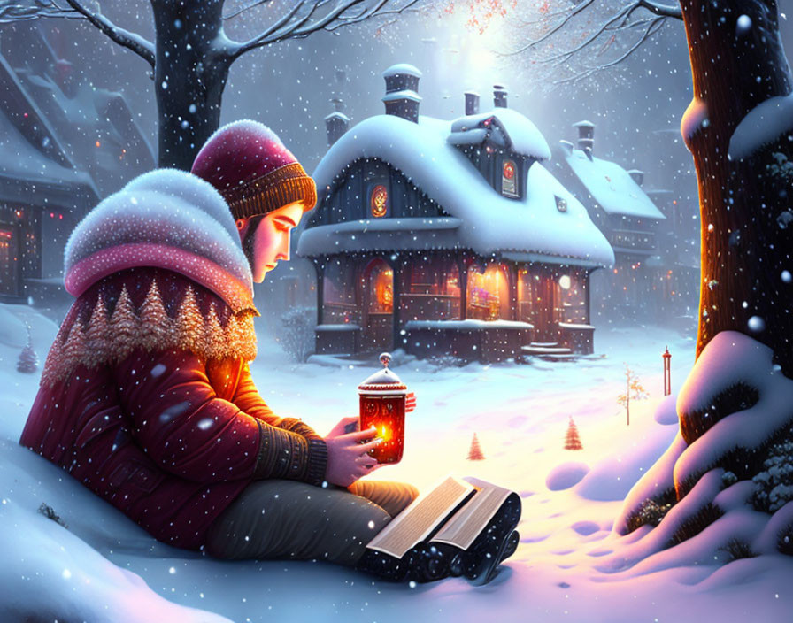 Person in Winter Attire Reading Book Near Snow-Covered House