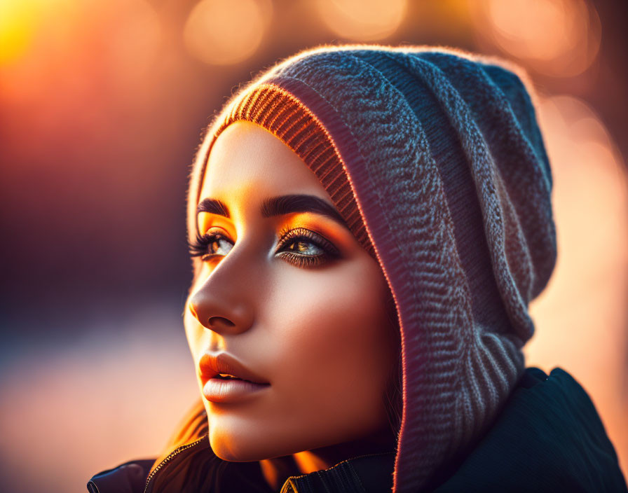 Woman in knit cap and jacket under warm sunset light