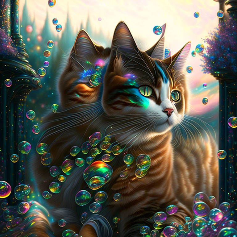 Photorealistic tabby cat in iridescent bubble fantasy scene