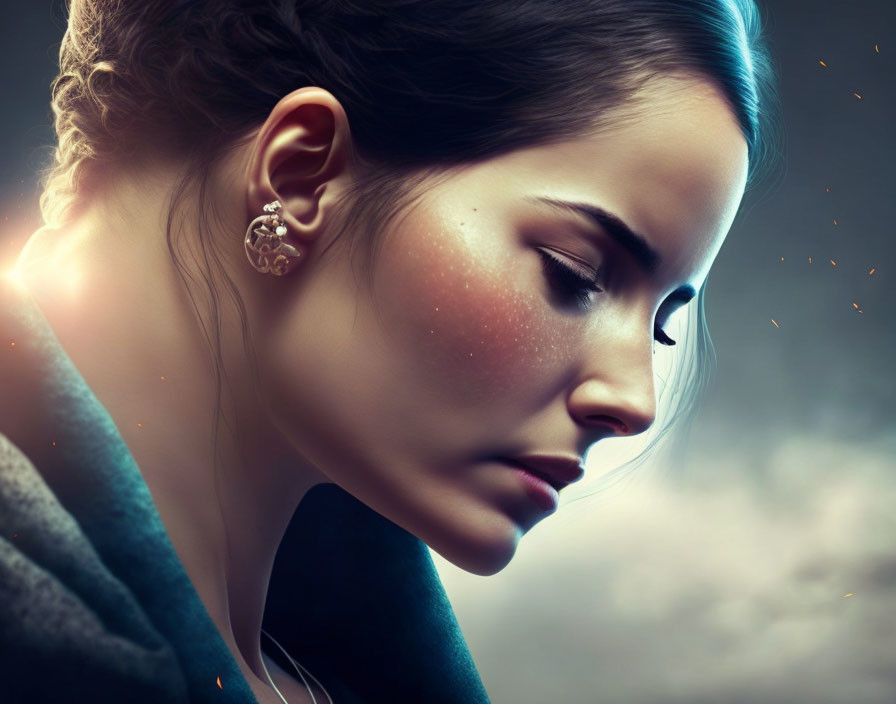 Woman with glowing skin and sparkling earring under dramatic sky.