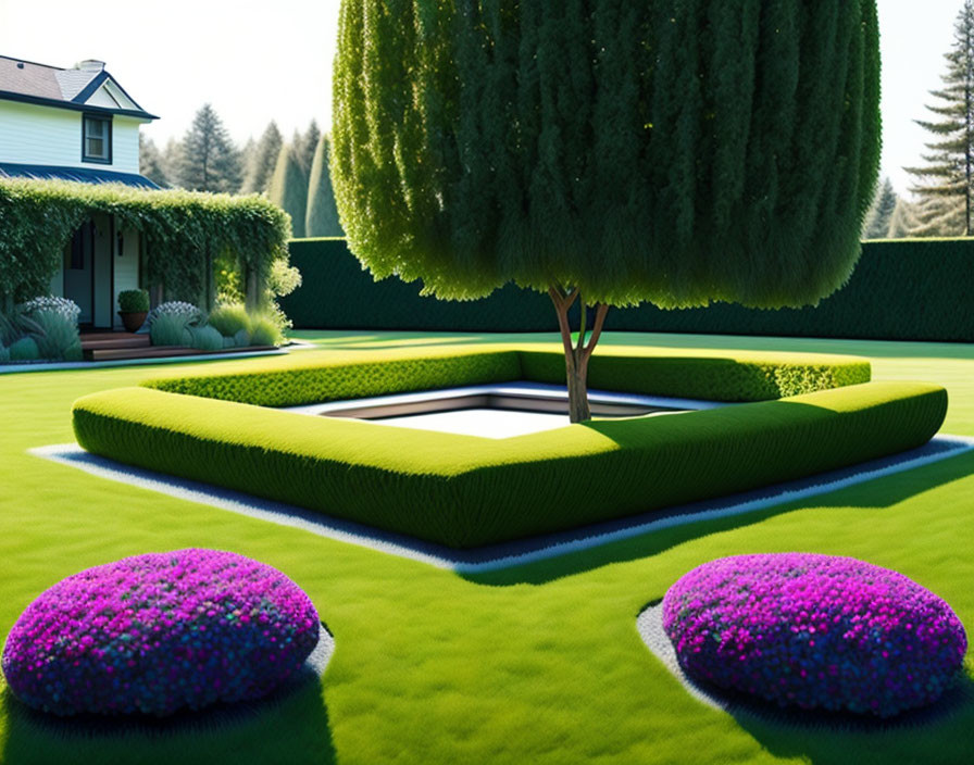 Symmetrical garden with green hedges, lush grass, purple flowers, and central tree