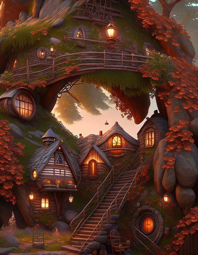 Cozy cottages in tranquil forest with warm lights at sunset