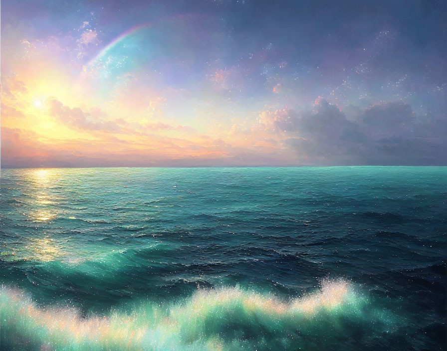 Vivid sunset over ocean with rainbow, stars, and colorful sky