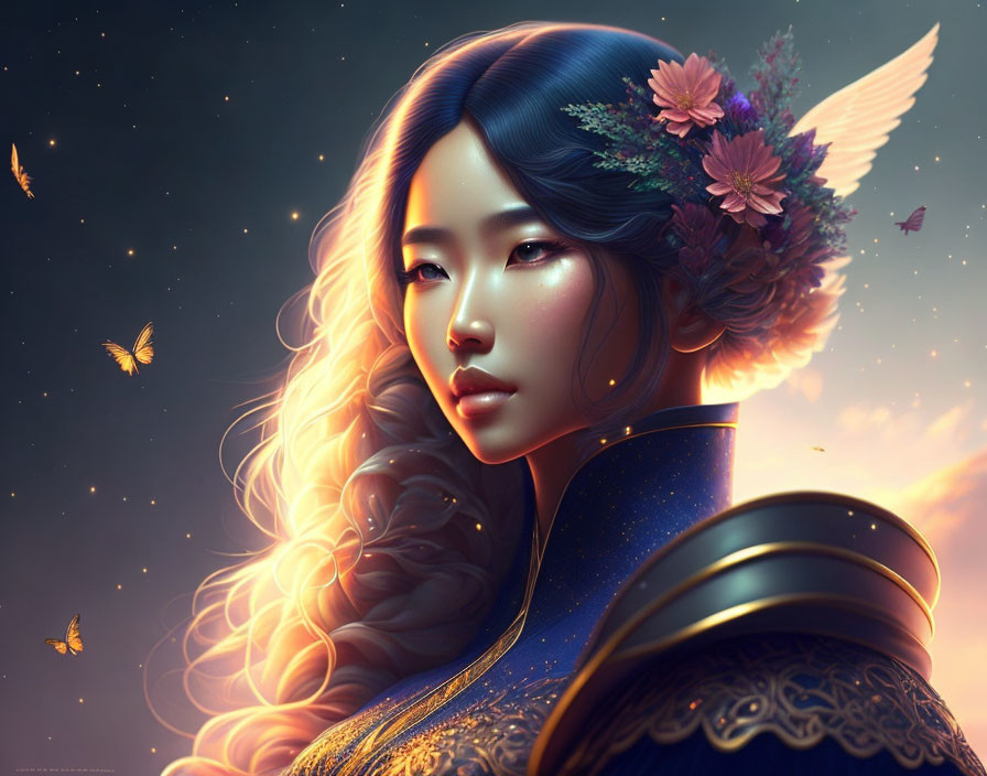 Illustrated portrait of woman with flowing hair, flowers, ornate armor, glowing butterflies, winged