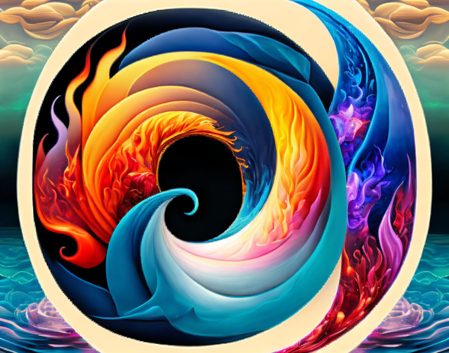 Vibrant abstract art: swirling blue, orange, and purple patterns in dynamic fiery vortex.