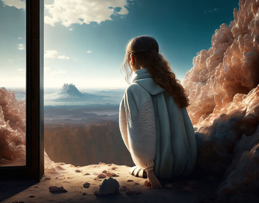 Girl gazes at surreal landscape with pink clouds and distant mountain