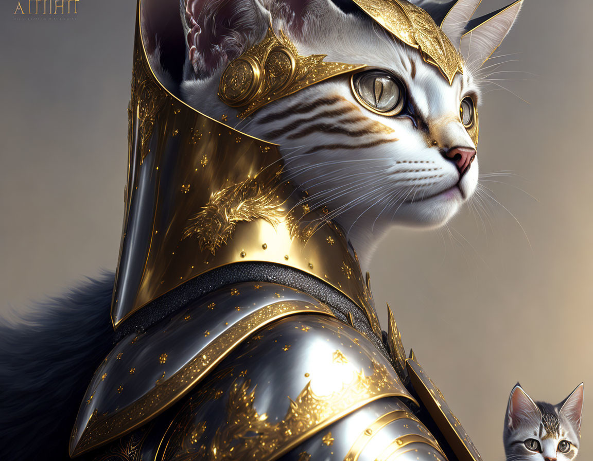 Detailed illustration of majestic cat in ornate golden armor