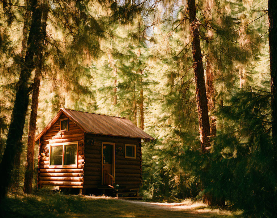 Cozy log cabin surrounded by tall pine trees