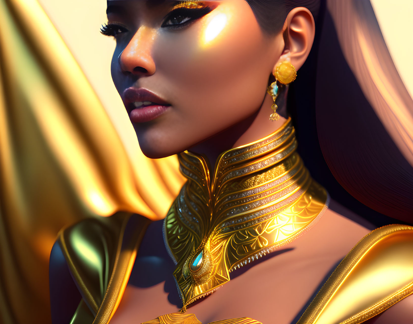 Detailed digital portrait of woman in elegant attire with golden jewelry, dramatic lighting