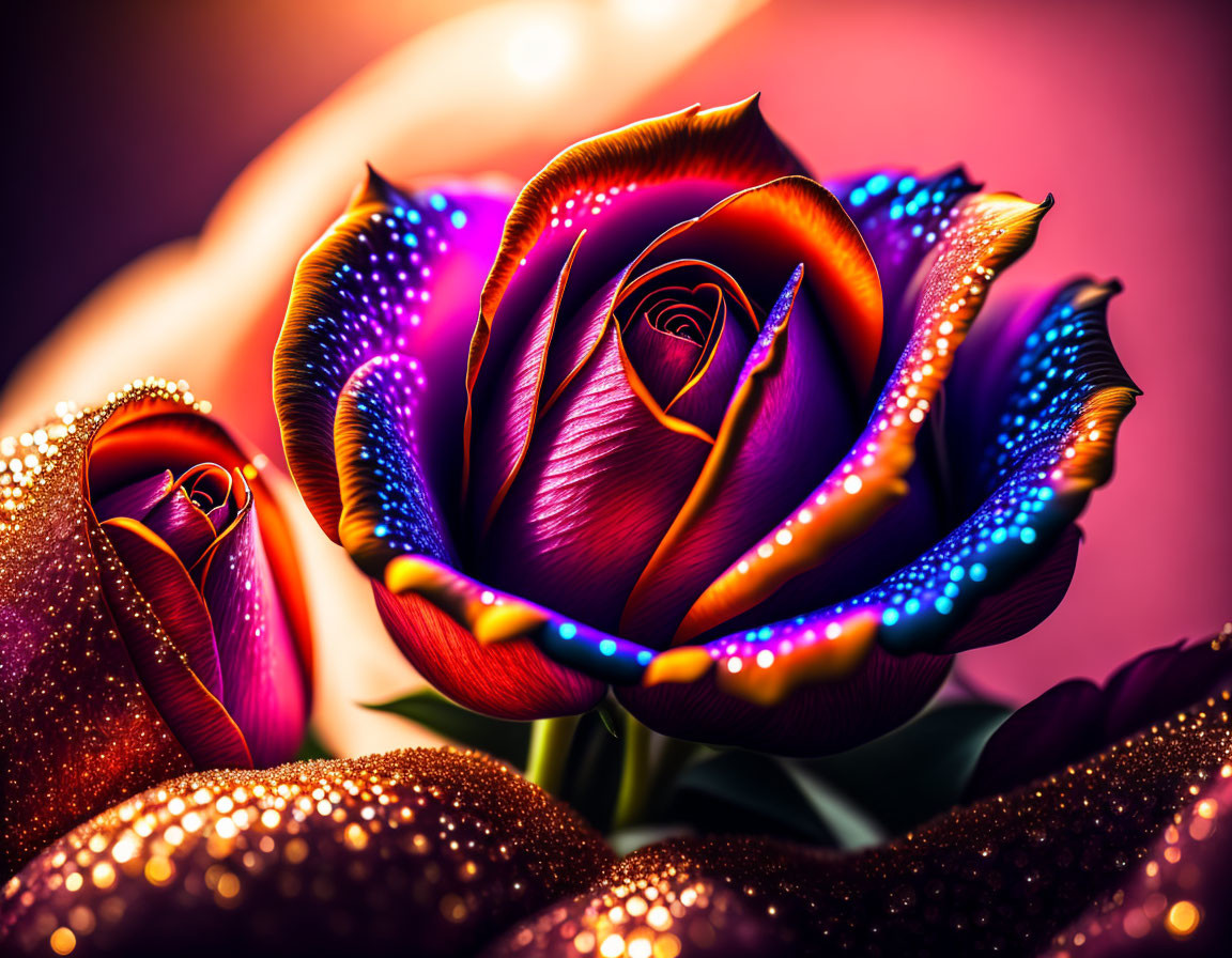 Vibrant purple and orange digitally enhanced roses under neon lights