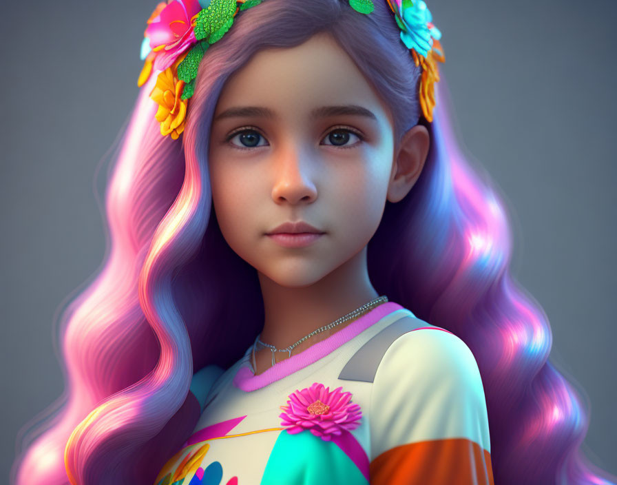 Colorful 3D-rendered image of a young girl with pastel purple hair and flower crown