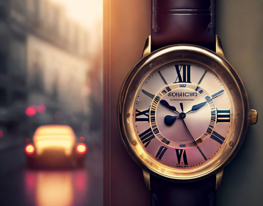 Luxury watch with leather strap and Roman numerals on blurred city street background