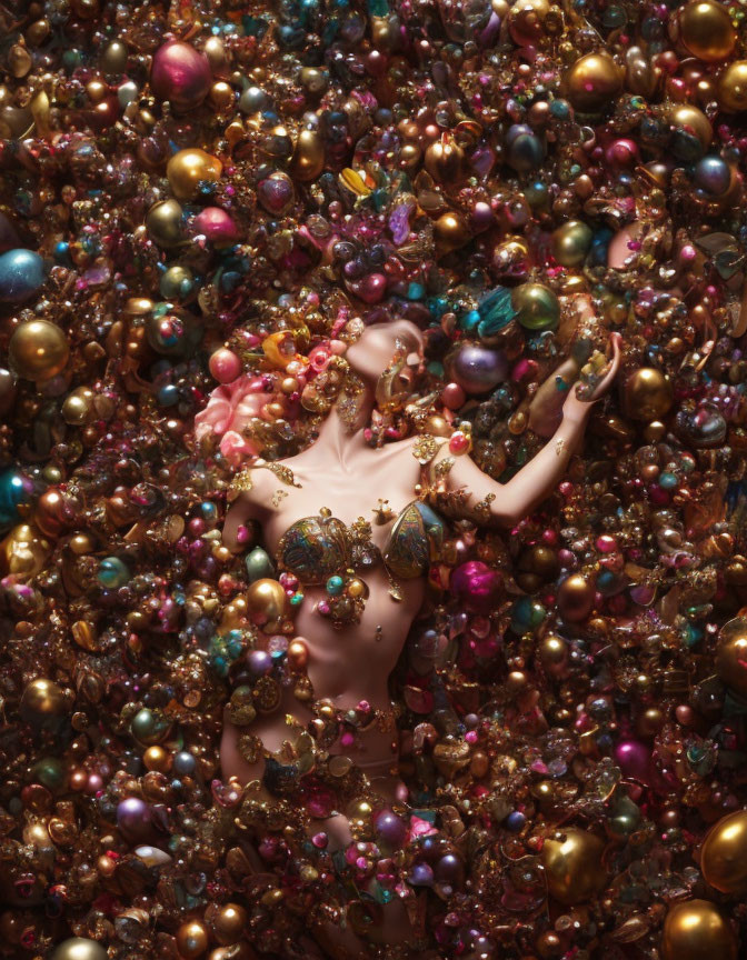 Multicolored beads and baubles surround a person in a shimmering display