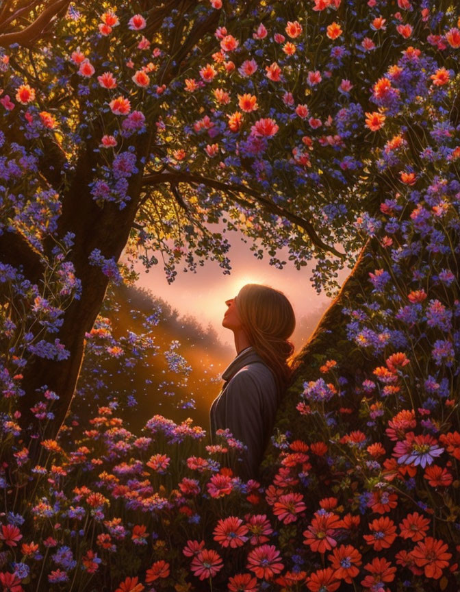 Person standing among vibrant flowers in sunlight-filtered forest