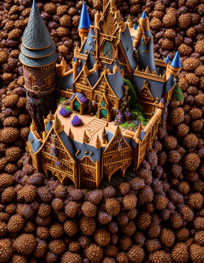 Miniature Fantasy Castle with Blue Rooftops on Textured Ground