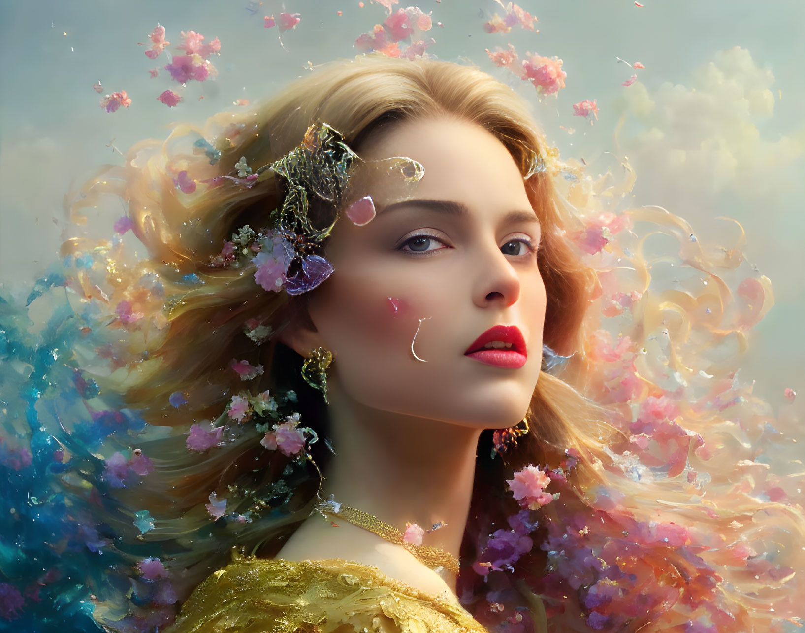 Woman with flowing hair and floral crown in golden dress against colorful backdrop