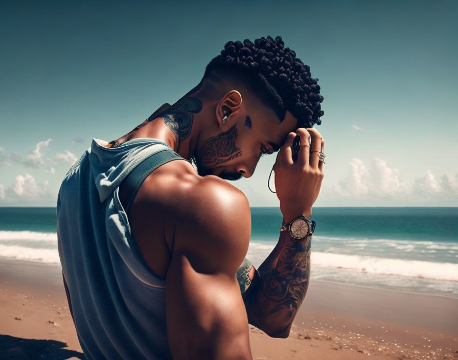 Muscular person with tattoos and stylish hair gazes at beach.