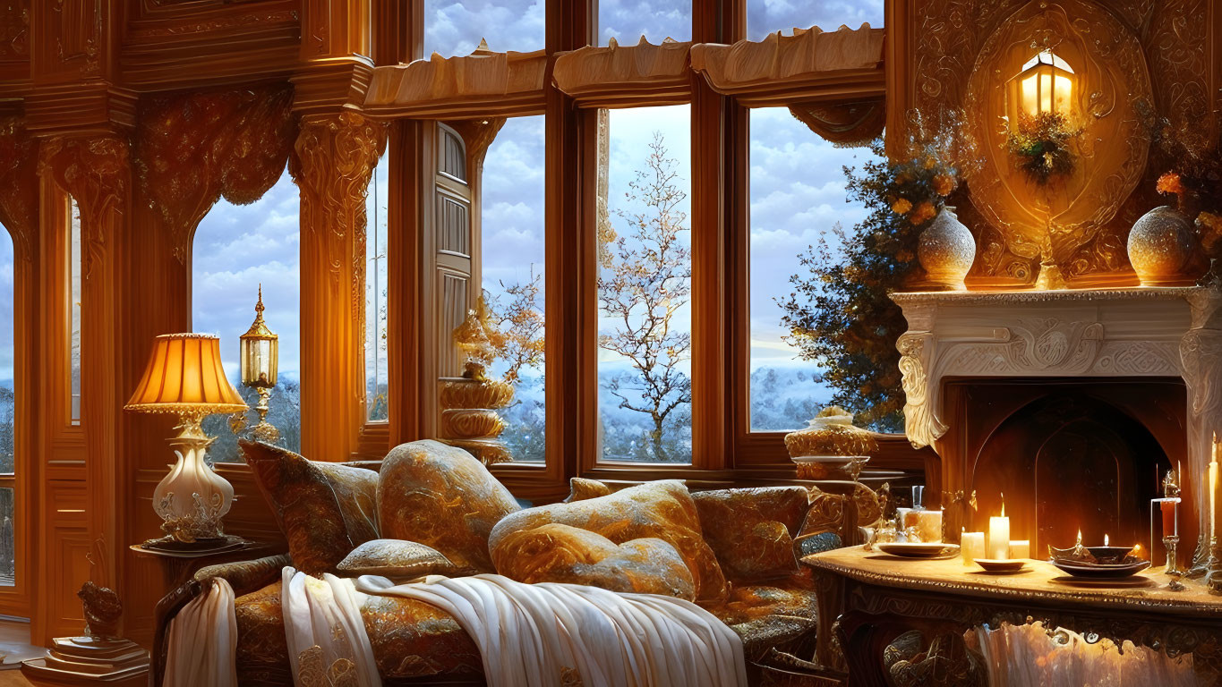 Luxurious living room with wooden walls, plush sofas, fireplace, candles, and snowy tree view.