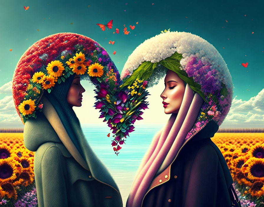 Women in floral headscarves create heart shape in sunflower field with surreal sky.