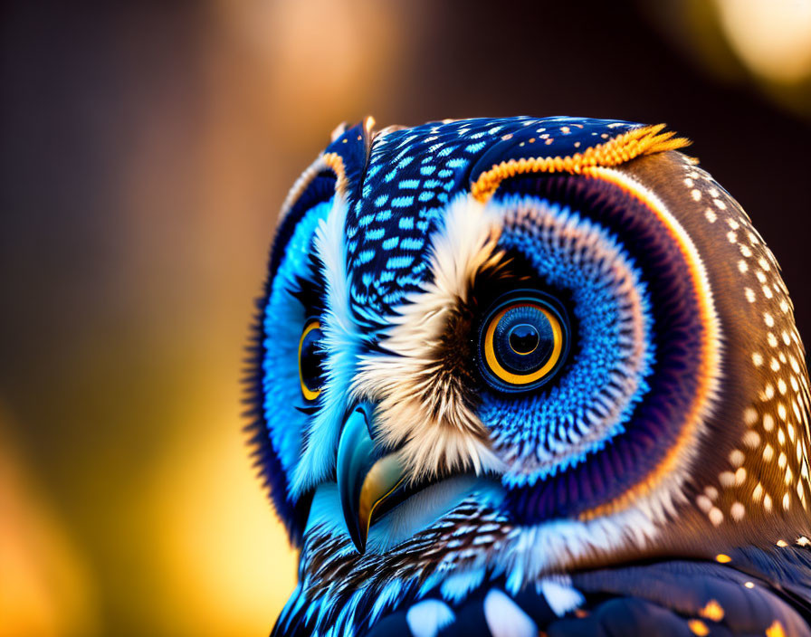 Colorful owl with blue and orange feathers and yellow eyes close-up.