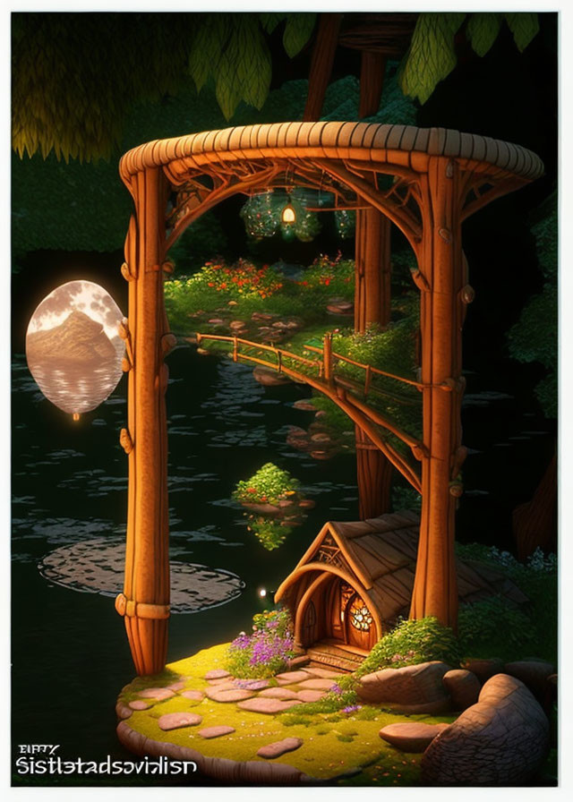 Illustration of cozy riverside house with round door, arched wooden bridge, lanterns, full