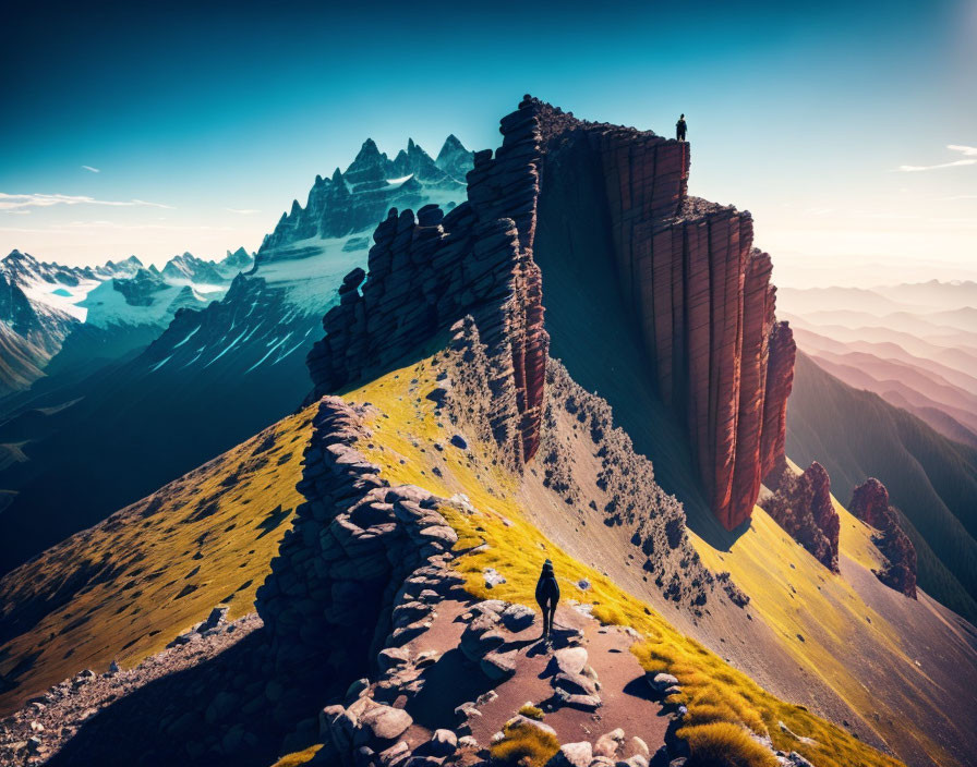 Hiker on mountain ridge overlooking vast valley and peaks