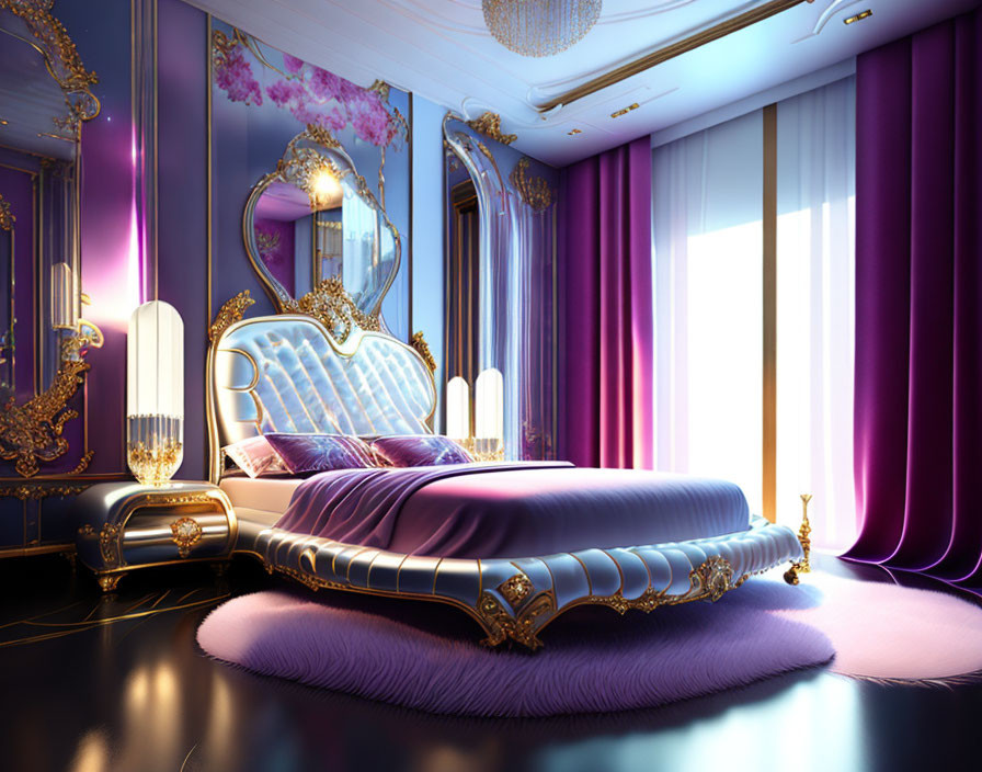 Opulent purple and gold bedroom decor with ornate bed and elegant drapes