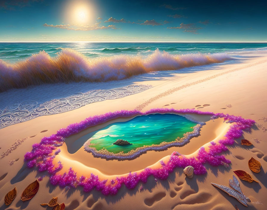 Scenic beach landscape with heart-shaped tide pool, purple flowers, bright sun, and gentle waves