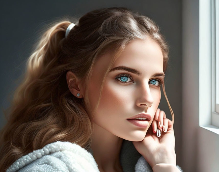 Digital artwork: Woman with blue eyes in white sweater by window