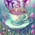 Vibrant landscape inside a whimsical cup illustration