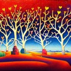 Surreal painting of white tree trunks, red leaves, and golden leaves under starry sky