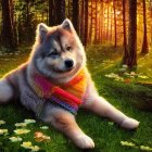 Colorful Dog with Galaxy Fur in Forest Setting with Soap Bubbles