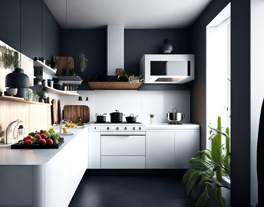 Contemporary Kitchen with Black Walls and White Cabinets