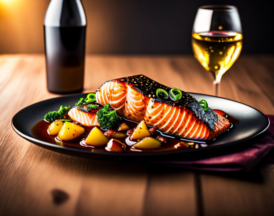 Salmon dish with herb garnish, potatoes, and sauce on dark plate.