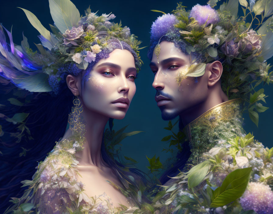 Ethereal figures with floral headdresses and face paint embody nature-inspired elegance