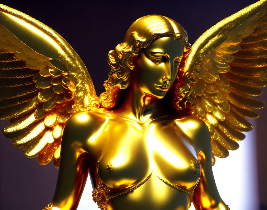 Golden angel statue with intricate wings on gradient background