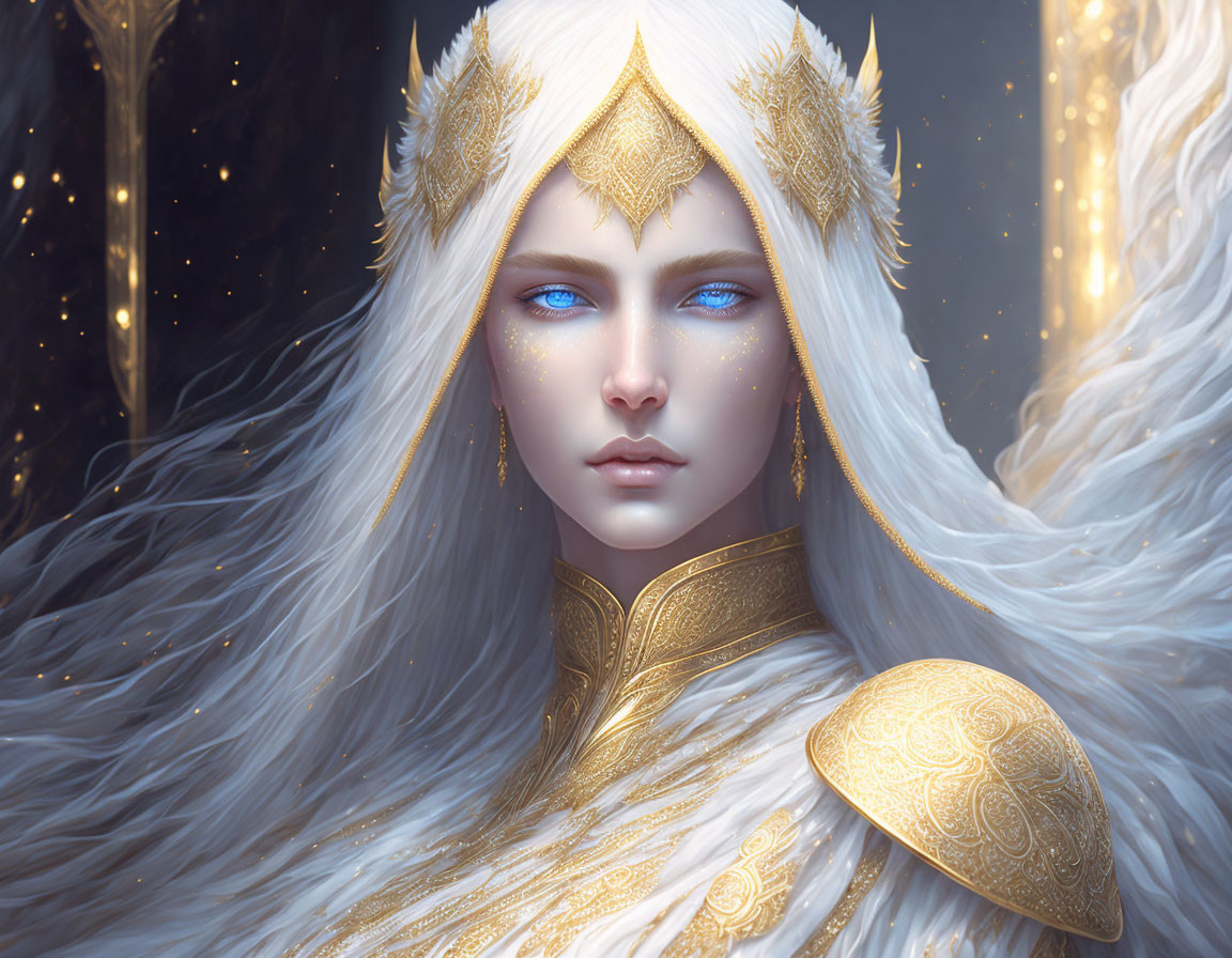 Ethereal figure with blue eyes in golden regalia and fur cloak in enchanted forest