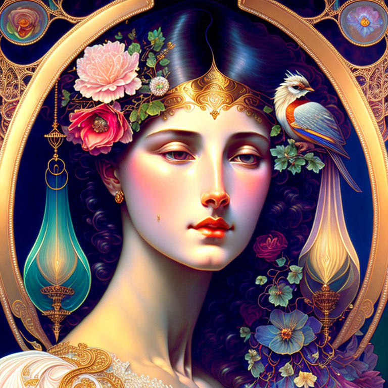 Art Nouveau-inspired woman portrait with flowers, jewelry, bird, and ornate patterns