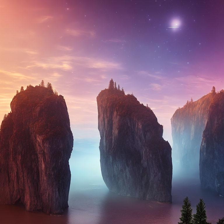 Towering cliffs over misty water at twilight with stars and comet