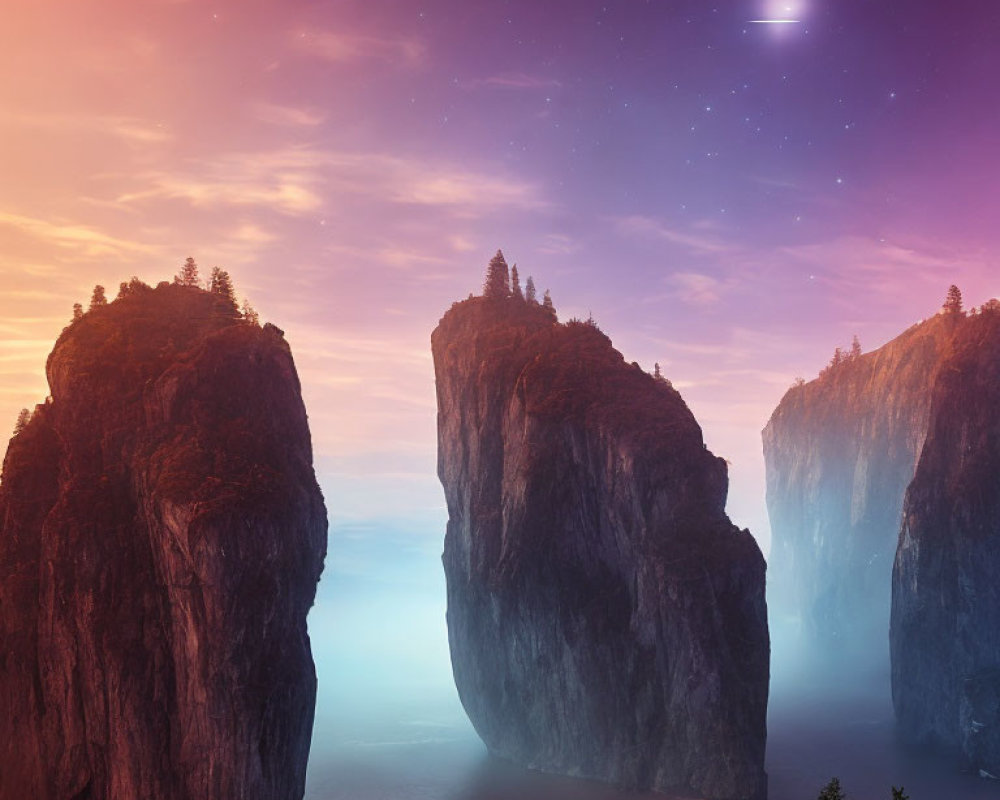 Towering cliffs over misty water at twilight with stars and comet