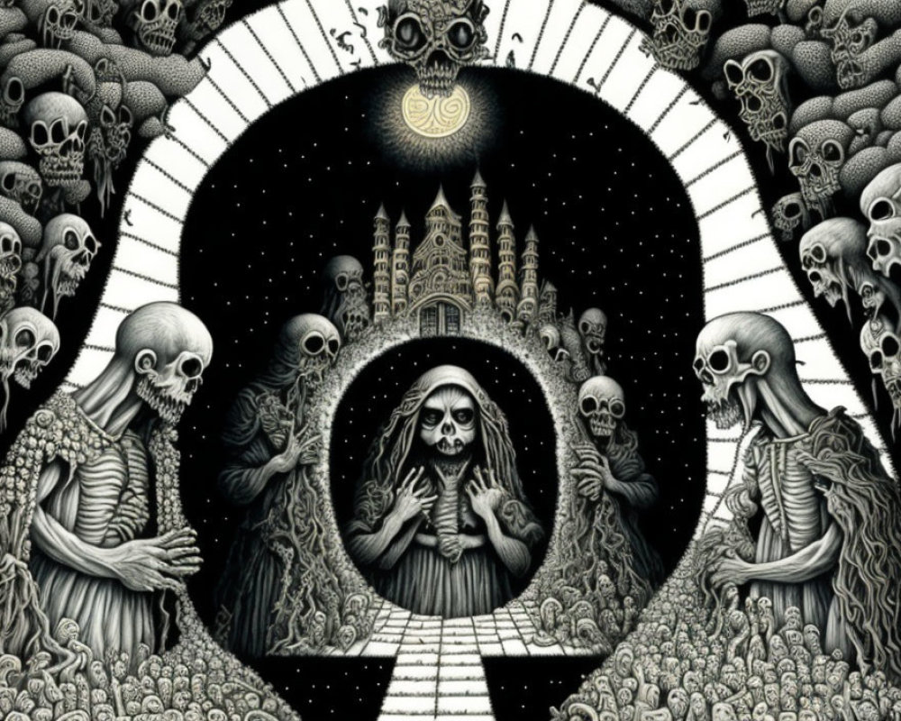 Monochrome artwork of cloaked figure, skeletons, and castle in eerie circular frame