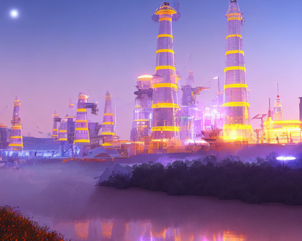 Twilight sky with illuminated industrial towers reflected in water