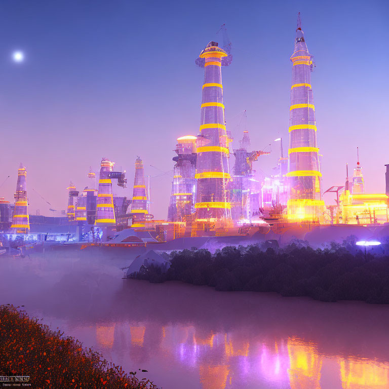 Twilight sky with illuminated industrial towers reflected in water